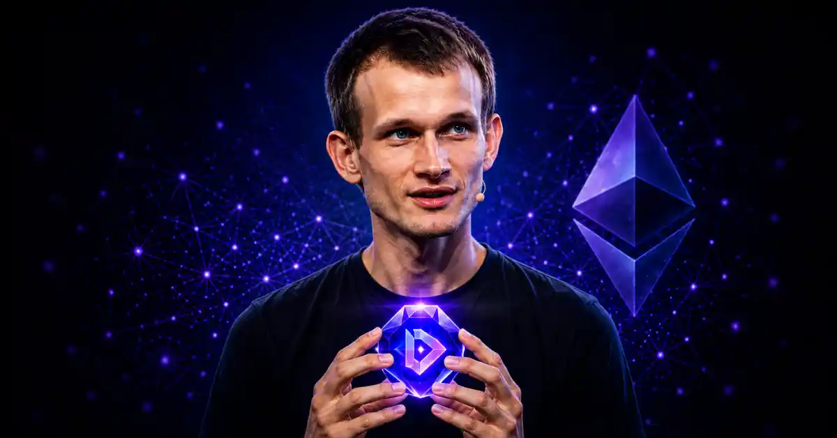 Vitalik Buterin holding a glowing purple diamond icon alongside the Ethereum logo.