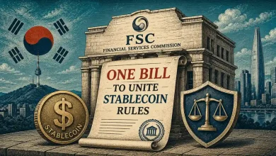 FSC building with South Korean flag, stablecoin, scroll, and legal scales.