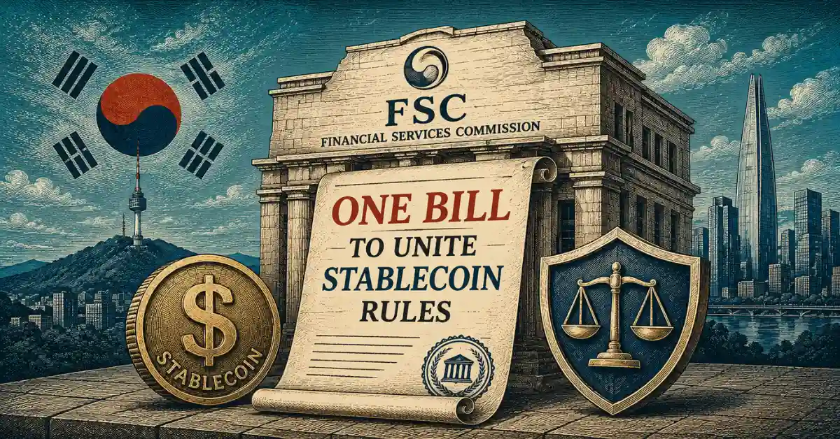 FSC building with South Korean flag, stablecoin, scroll, and legal scales.