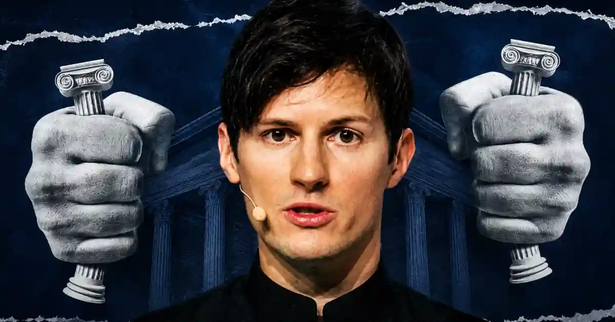 Pavel Durov flanked by stone fists holding pillars.