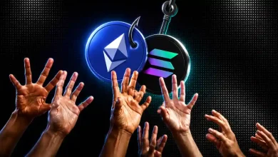 Hands reaching for Ethereum and Solana coins on fish hooks.