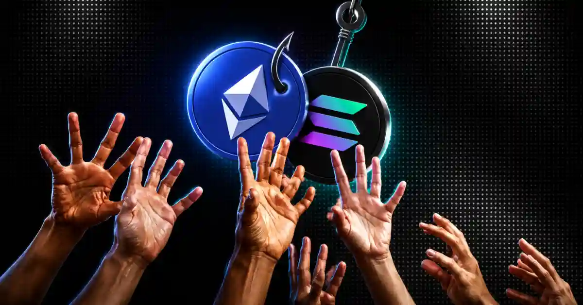 Hands reaching for Ethereum and Solana coins on fish hooks.