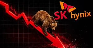 Bear walking down a crashing red stock graph next to the SK Hynix logo.