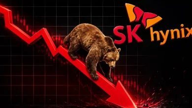 Bear walking down a crashing red stock graph next to the SK Hynix logo.