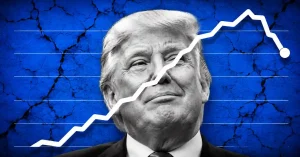 Donald Trump's portrait overlaid with a volatile stock chart on a blue background.