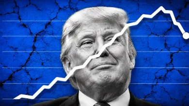Donald Trump's portrait overlaid with a volatile stock chart on a blue background.