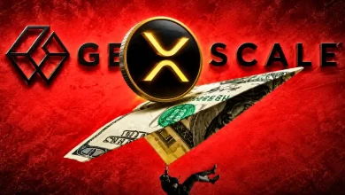 XRP coin riding a dollar-bill paper airplane over "GRAYSCALE" text.
