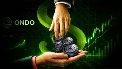 Hand dropping ONDO crypto coins into an open palm near a green stock chart.