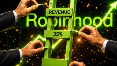 Hands building a green wooden ladder with "Revenue 35%" near a Robinhood chart.