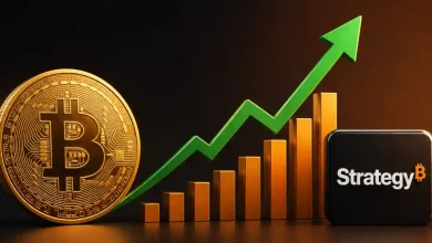 Gold Bitcoin coin next to rising bar graph and a Strategy logo.