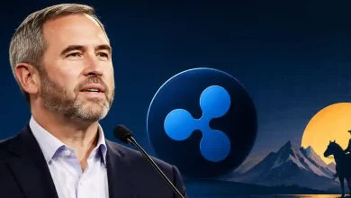 Ripple CEO Brad Garlinghouse speaking next to an XRP logo and Wyoming landscape.