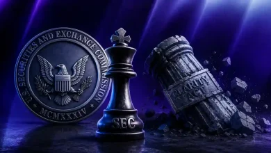 SEC king chess piece standing next to a falling CLARITY Act pillar.