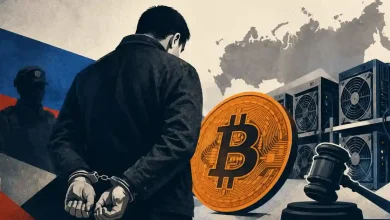 Handcuffed man standing near Bitcoin, mining rigs, and a judge's gavel.