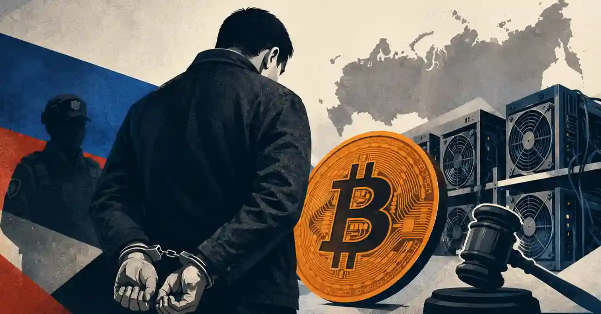 Handcuffed man standing near Bitcoin, mining rigs, and a judge's gavel.