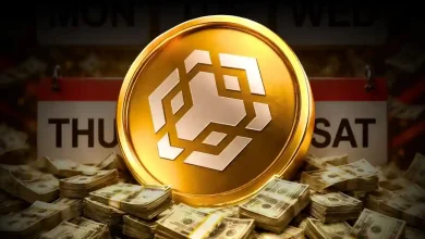 Gold BNB coin sitting on stacks of cash in front of a calendar.