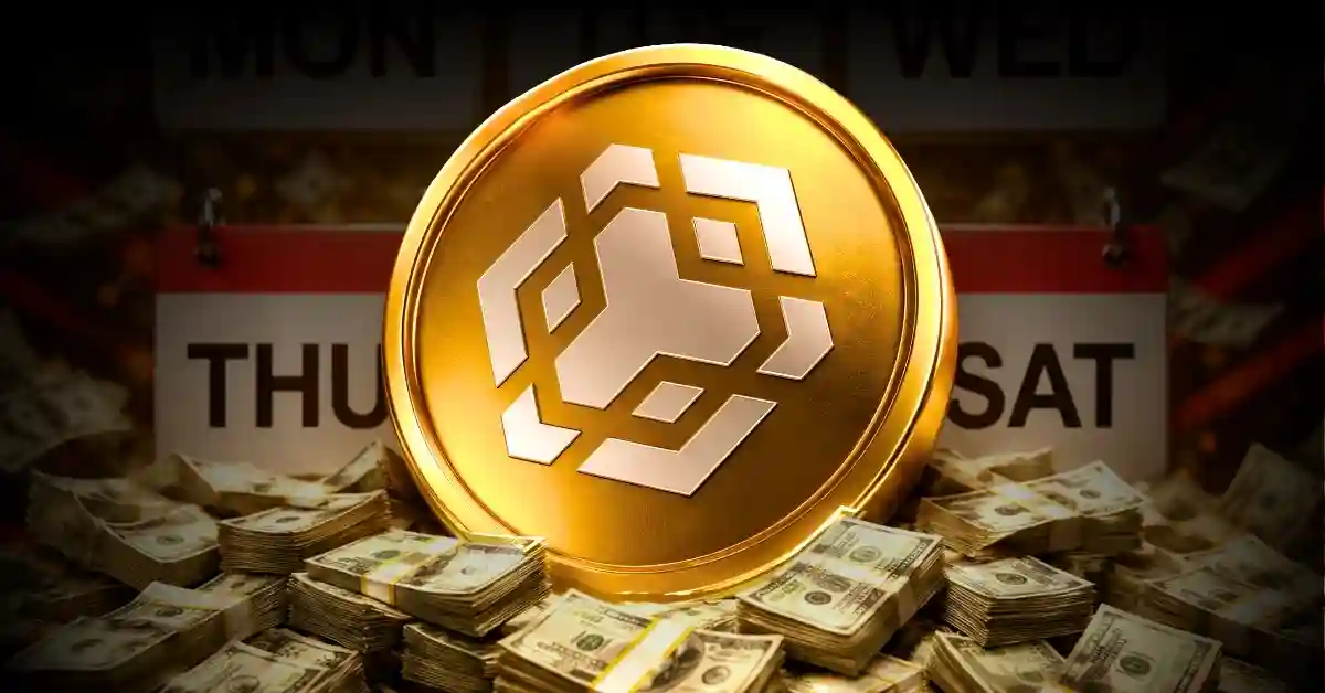 Gold BNB coin sitting on stacks of cash in front of a calendar.