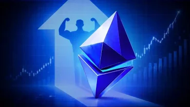 Ethereum logo in front of a strong upward arrow and rising stock graph.