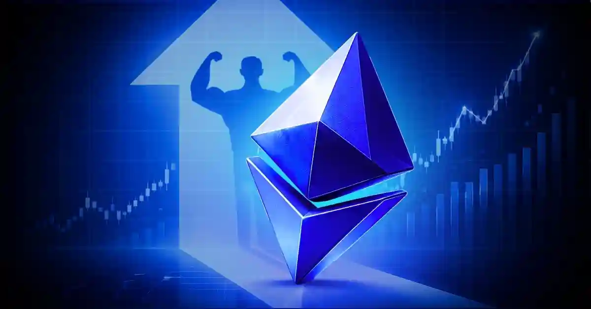 Ethereum logo in front of a strong upward arrow and rising stock graph.