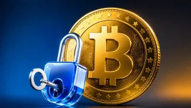 Metallic liquid hand holding an XRP coin in front of a falling market chart.