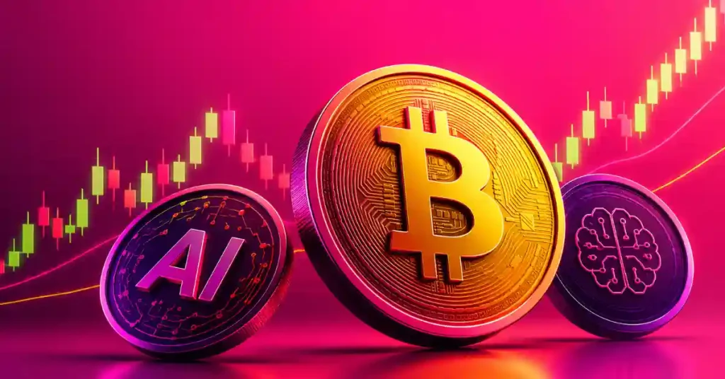 Bitcoin and AI crypto coins in front of a rising market chart.