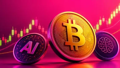 Bitcoin and AI crypto coins in front of a rising market chart.
