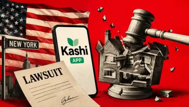 Gavel crushing a miniature house next to Kashi App and lawsuit document.