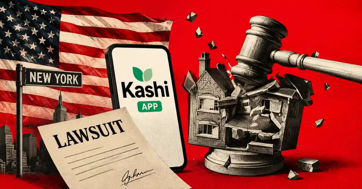 Gavel crushing a miniature house next to Kashi App and lawsuit document.
