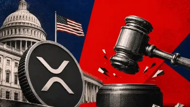 XRP coin in front of US Capitol with a judge's gavel striking.