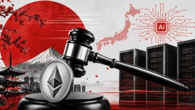 Ethereum coin with a judge's gavel next to server racks and a Japan map.