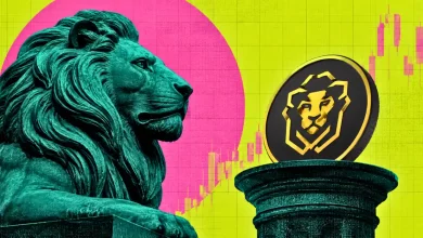 Statue of a lion beside a UNUS SED LEO crypto coin on a pedestal.
