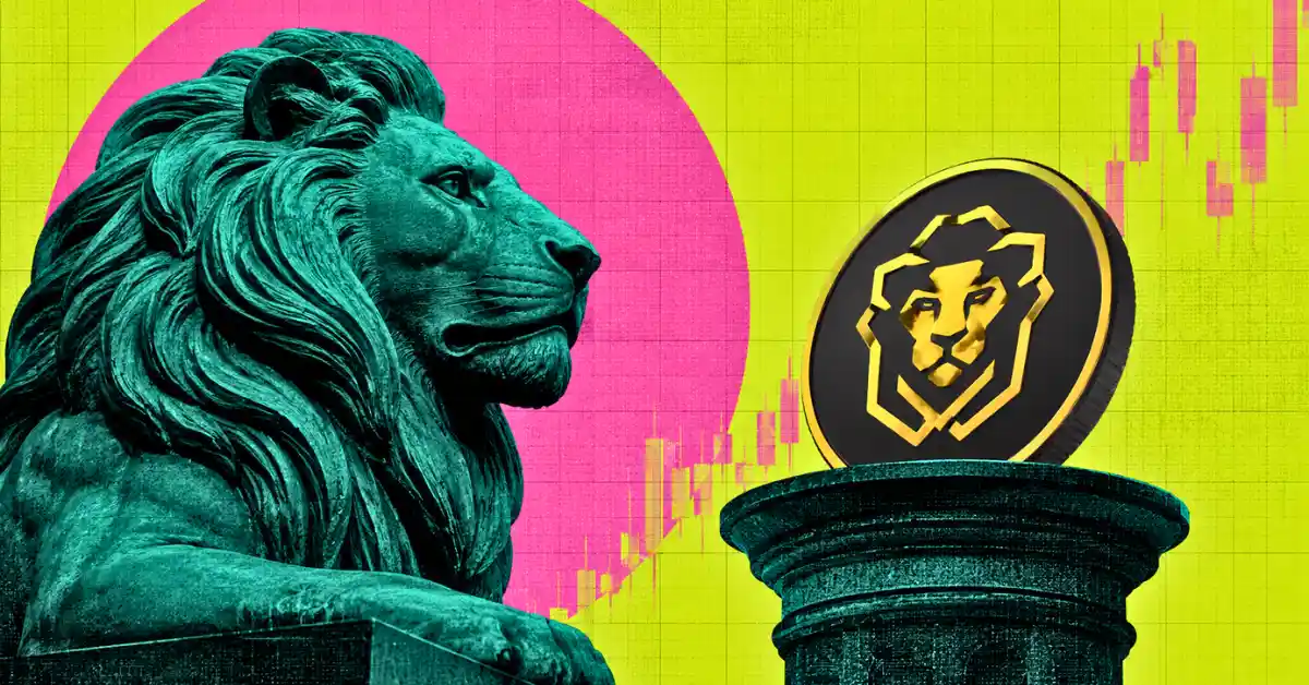 Statue of a lion beside a UNUS SED LEO crypto coin on a pedestal.