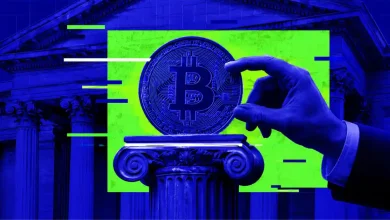 Hand placing a Bitcoin on a column in front of a financial building.