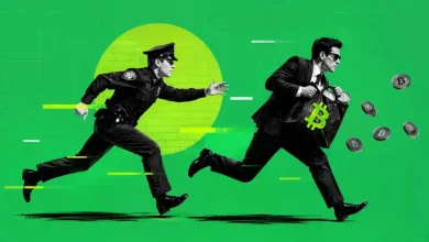 Police officer chasing a man fleeing with a Bitcoin bag.