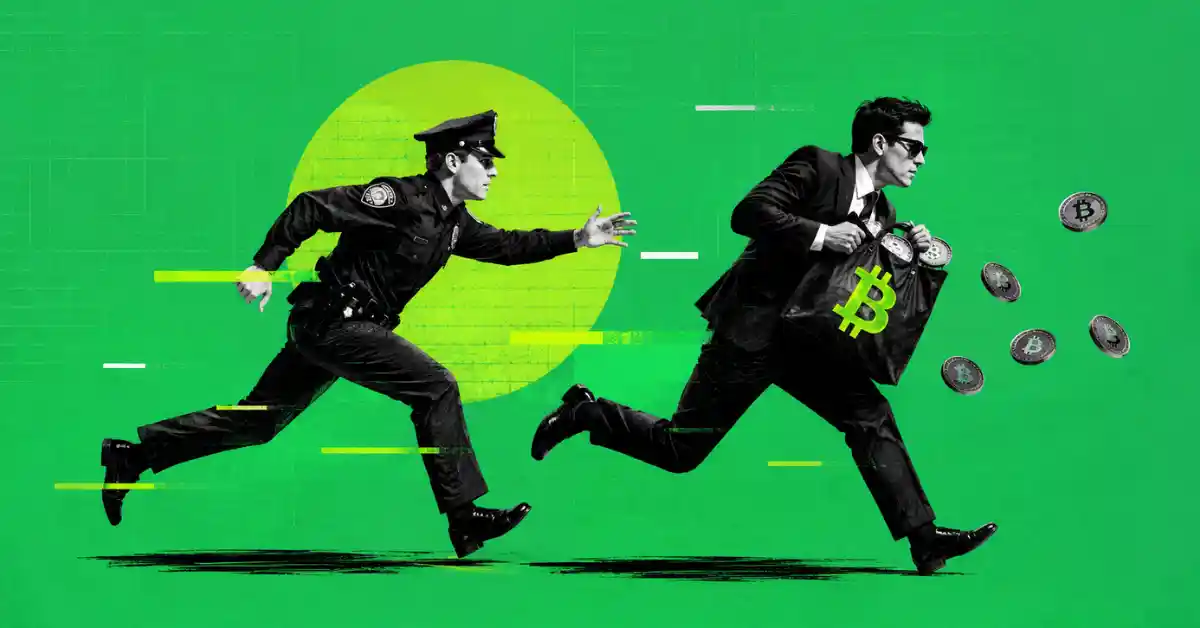 Police officer chasing a man fleeing with a Bitcoin bag.