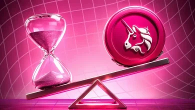 Pink Uniswap token balanced against an hourglass on a see-saw scale.