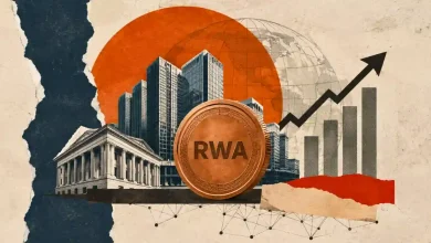 RWA crypto token in front of city buildings and rising growth chart.