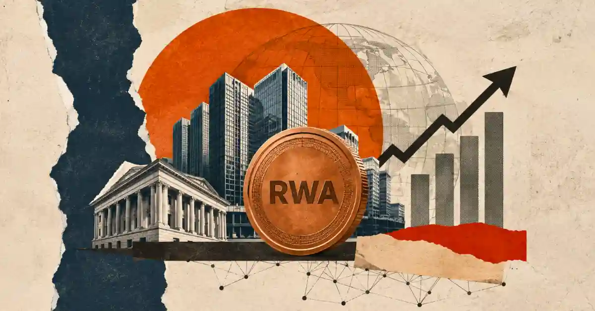 RWA crypto token in front of city buildings and rising growth chart.