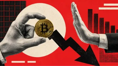 Hand holding a Bitcoin next to another hand gesturing stop before a down arrow.