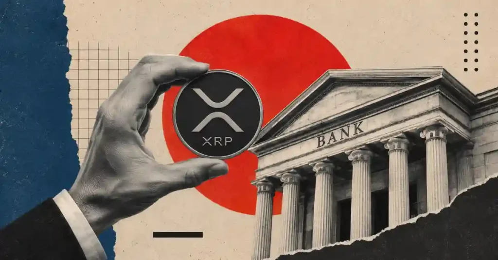 Bank building with XRP crypto coin as exchange supply hits low.