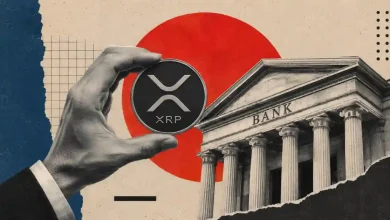 Bank building with XRP crypto coin as exchange supply hits low.