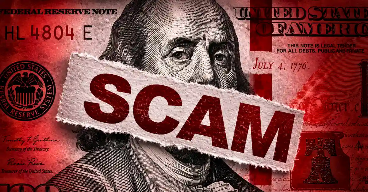 Red US dollar bill overlaid with torn paper reading SCAM.