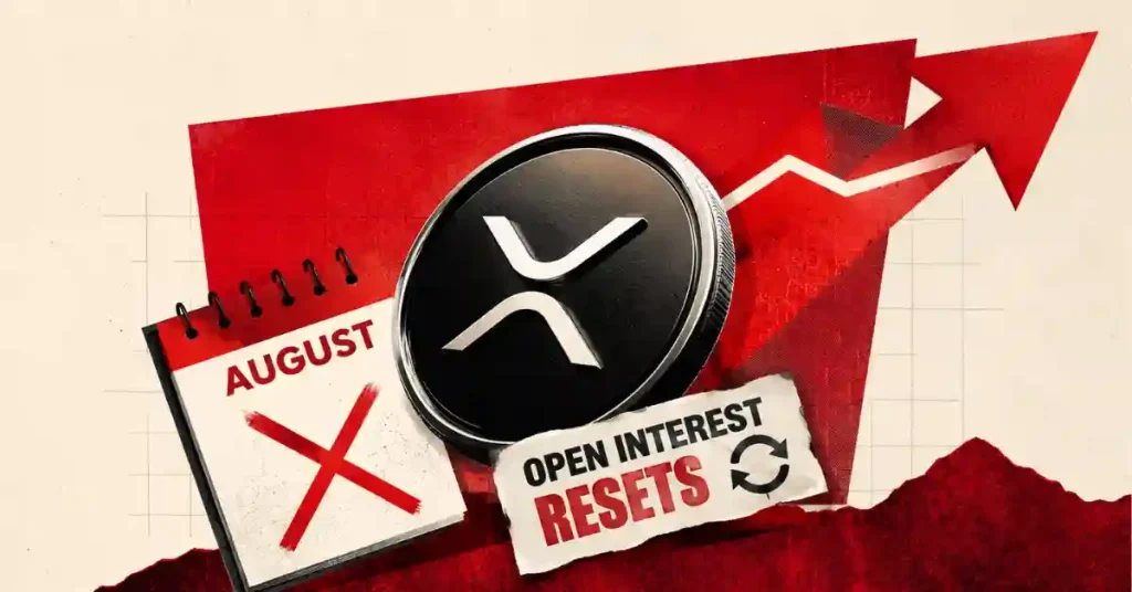 XRP coin next to an August calendar and red growth arrow.