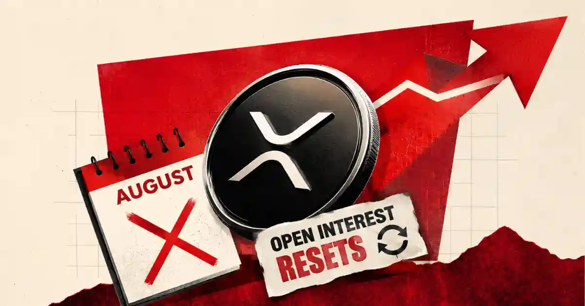 XRP coin next to an August calendar and red growth arrow.