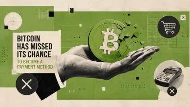 Hand holding a crumbling green Bitcoin coin next to payment terminal icons.