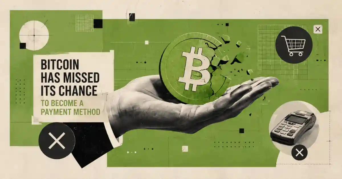 Hand holding a crumbling green Bitcoin coin next to payment terminal icons.