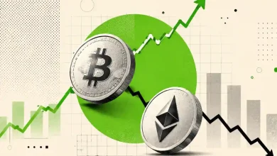 Bitcoin coin rising on green line graph beside falling Ethereum coin.