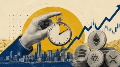 Hand holding a pocket watch over altcoins and a rising chart.