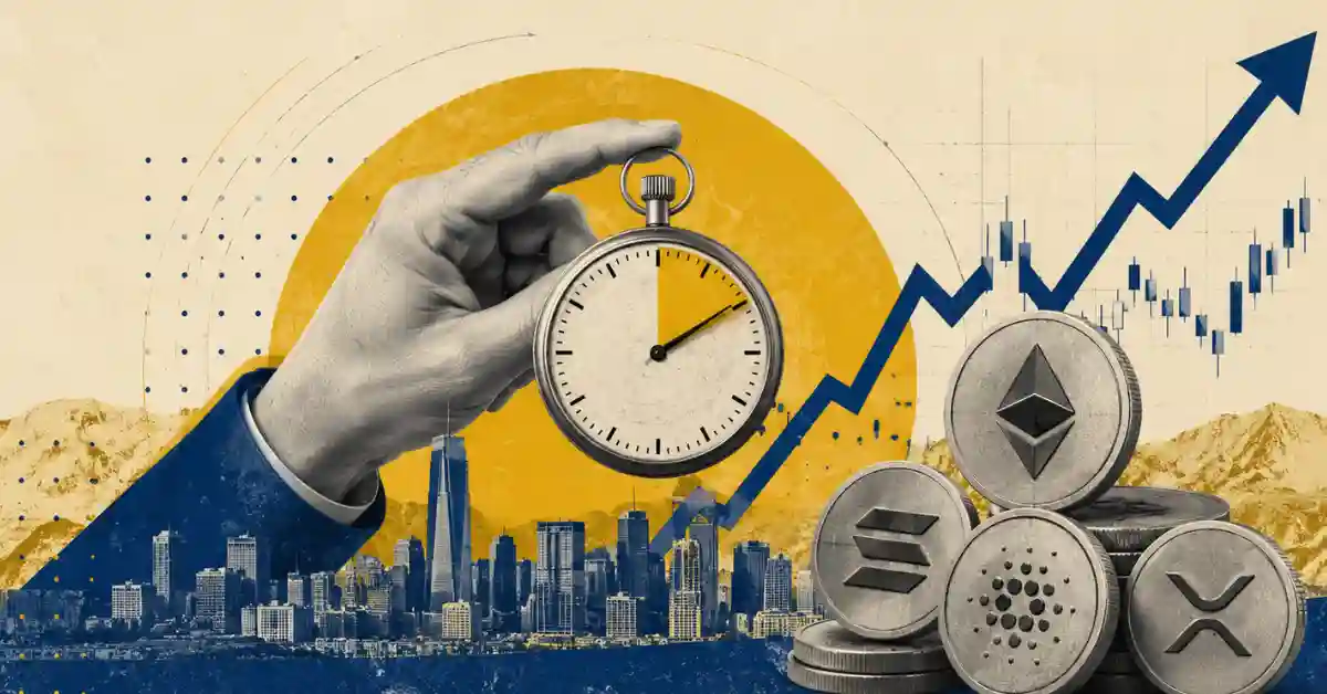 Hand holding a pocket watch over altcoins and a rising chart.