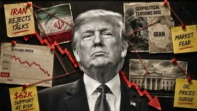 Donald Trump portrait pinned to an evidence board detailing geopolitical tension and Bitcoin price drops.