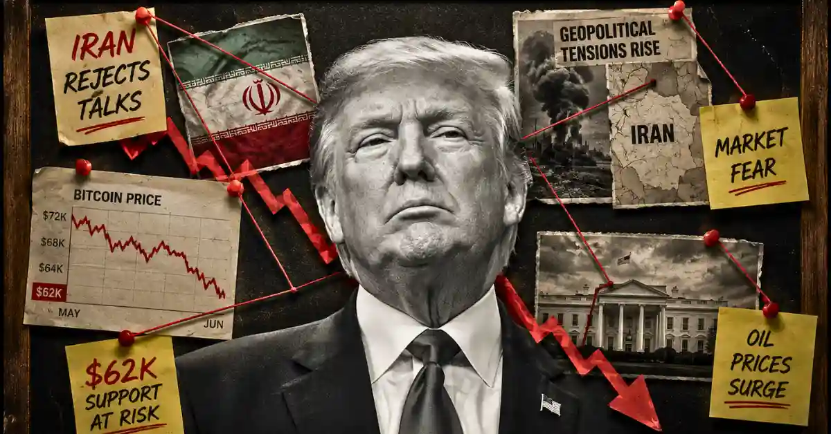 Donald Trump portrait pinned to an evidence board detailing geopolitical tension and Bitcoin price drops.